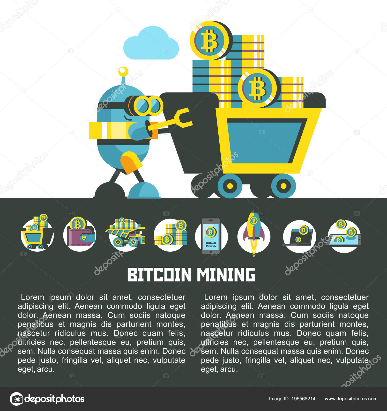 Bitcoin Mining Vector Illustration Bitcoin Icon Set Cute Robot - 